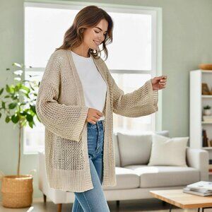 Xhilaration Boho Cardigan Sweater Cream Crochet Open Front Festival